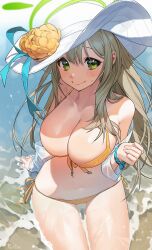 Rule 34 | 1girl, absurdres, arm support, beach, bikini, blonde hair, blue archive, blush, breasts, cleavage, closed mouth, collarbone, day, flower, green eyes, hair between eyes, halo, hat, hat flower, highres, large breasts, long hair, looking at viewer, navel, nonomi (blue archive), nonomi (swimsuit) (blue archive), ocean, official alternate costume, outdoors, scrunchie, sei!cho, shirt, side-tie bikini bottom, sidelocks, sitting, smile, solo, sun hat, swimsuit, very long hair, white hat, white shirt, wrist scrunchie, yellow bikini