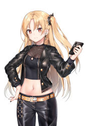 Rule 34 | 1girl, azur lane, belt, belt buckle, black jacket, black pants, black shirt, blonde hair, breasts, buckle, cable, cellphone, cleveland (azur lane), closed mouth, collarbone, cowboy shot, crop top, douya (233), earphones, earrings, expressionless, fishnets, glint, hair ornament, hand on own hip, hand up, holding, holding phone, jacket, jewelry, latex, legs apart, long hair, long sleeves, looking at viewer, medium breasts, midriff, navel, one side up, open clothes, open jacket, pants, phone, red eyes, shirt, sidelocks, simple background, smartphone, solo, standing, stomach, white background, wing collar
