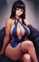 Rule 34 | 1girl, ai-assisted, alternate hairstyle, ass, bare shoulders, black hair, blue dress, blue eyes, breasts, crossed legs, curvy, dress, hair between eyes, highres, hime cut, huge ass, large breasts, lips, long hair, looking at viewer, nico robin, one piece, parted bangs, parted lips, shiny skin, short dress, sitting, thick thighs, thighs, vcais, very long hair, wide hips