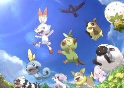 Rule 34 | absurdres, alcremie, blue eyes, brown eyes, closed mouth, cloud, commentary request, corviknight, creatures (company), day, eldegoss, fangs, flower, from below, galarian form, galarian ponyta, galarian zigzagoon, game freak, gen 8 pokemon, grass, grookey, happy, highres, lens flare, morpeko, morpeko (full), nintendo, no humans, open mouth, outdoors, pokemon, pokemon (creature), rii2, scorbunny, sky, smile, sobble, tongue, wooloo, yamper, yellow flower