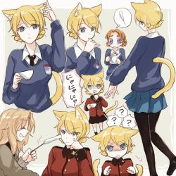 Rule 34 | 10s, 3girls, :3, ?, angry, animal ears, bad id, bad twitter id, black footwear, black legwear, black neckwear, black skirt, blonde hair, blue eyes, blue skirt, blue sweater, boots, braid, brown jacket, cat day, cat ears, cat tail, cat teaser, closed eyes, closed mouth, commentary, cropped torso, darjeeling (girls und panzer), dress shirt, emblem, epaulettes, from behind, frown, girls und panzer, grey background, grin, hair intakes, head rest, holding, jacket, kay (girls und panzer), kemonomimi mode, loafers, long hair, long sleeves, looking at another, looking at viewer, looking back, military, military uniform, miniskirt, multiple girls, multiple views, necktie, open mouth, orange hair, orange pekoe (girls und panzer), outside border, pantyhose, parted bangs, pleated skirt, radio, red jacket, school uniform, shirt, shoes, short hair, sketch, skirt, smile, spoken question mark, st. gloriana&#039;s (emblem), st. gloriana&#039;s military uniform, st. gloriana&#039;s school uniform, standing, sweater, tail, teapot, twin braids, uniform, v-neck, white shirt, yuuyu (777)