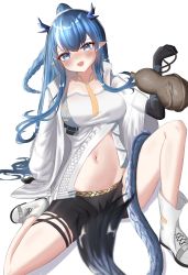 Rule 34 | 1girl, :d, absurdres, arknights, black shorts, blue eyes, blue hair, blush, boots, braid, breasts, chewycandy, commentary, gourd, hand up, highres, horns, jacket, knee up, large breasts, ling (arknights), long hair, looking at viewer, navel, necktie, open clothes, open jacket, open mouth, shirt, short shorts, shorts, simple background, smile, solo, stomach, strapless, strapless shirt, tail, thighs, very long hair, white background, white footwear, white jacket, yellow necktie