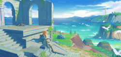 Rule 34 | 1boy, absurdres, bird, blue tunic, cloud, highres, light brown hair, link, nature, nintendo, ocean, ruins, scenery, short ponytail, sitting, sky, solo, sword, the legend of zelda, the legend of zelda: breath of the wild, weapon, weapon on back, white bird, wide shot, x.x.d.x.c