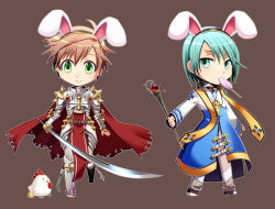 Rule 34 | 2boys, animal ears, arch bishop (ragnarok online), armor, armored boots, belt, bird, black hairband, blue coat, boots, breastplate, brown background, brown hair, candy, cane, cape, chainmail, chibi, chick, chicken, choker, closed mouth, coat, commentary request, cross, fake animal ears, food, full body, gauntlets, green eyes, green hair, hairband, holding, holding staff, holding sword, holding weapon, katana, leg armor, lollipop, looking to the side, male focus, multicolored coat, multiple boys, nip sakazuki, pants, pauldrons, rabbit ears, ragnarok online, red cape, rune knight (ragnarok online), short hair, shoulder armor, simple background, smile, spiked pauldrons, staff, standing, sword, tabard, torn cape, torn clothes, two-tone coat, weapon, white coat, white pants