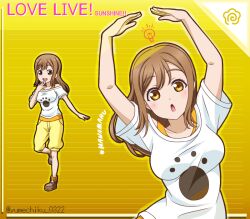 Rule 34 | 1girl, :d, :o, arms up, brown footwear, brown hair, character name, copyright name, floating hair, full body, kunikida hanamaru, long hair, looking at viewer, love live!, love live! sunshine!!, off-shoulder shirt, off shoulder, open mouth, pants, shirt, short sleeves, smile, solo, standing, standing on one leg, straight hair, striped background, twitter username, upper body, white shirt, yellow background, yellow eyes, yellow pants, yumechiku