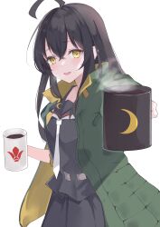 Rule 34 | 1girl, absurdres, ahoge, black hair, black serafuku, black shirt, black skirt, calin, coat, coffee mug, commentary request, commission, crescent, crescent pin, cup, green coat, highres, holding, holding cup, kantai collection, long hair, looking at viewer, looking to the side, mikazuki (kancolle), mug, necktie, school uniform, serafuku, shirt, simple background, skeb commission, skirt, smile, solo, white background, white necktie