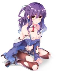 Rule 34 | 1girl, azur lane, bare shoulders, between legs, black shorts, blue jacket, breasts, brown pantyhose, burnt clothes, cleavage, detached collar, fuuna, highres, jacket, long hair, long sleeves, looking at viewer, medium breasts, midriff, mullany (azur lane), navel, necktie, nipples, off shoulder, one side up, open clothes, open fly, open jacket, pantyhose, parted lips, purple hair, see-through, short necktie, short shorts, shorts, simple background, sitting, solo, torn clothes, torn pantyhose, wariza, white background, yellow eyes