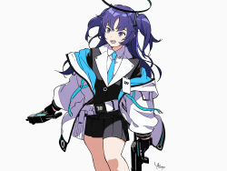 Rule 34 | 1girl, black gloves, black jacket, black skirt, blue archive, blue eyes, blue necktie, collared shirt, commentary, dual wielding, gloves, grey background, gun, hair ornament, halo, highres, holding, holding gun, holding weapon, jacket, long sleeves, necktie, pleated skirt, purple hair, shirt, signature, simple background, skirt, solo, two side up, uki atsuya, weapon, white jacket, white shirt, yuuka (blue archive)