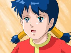 Rule 34 | 1girl, blue eyes, blue hair, lana (mirai shounen conan), mirai shounen conan, navel, nippon animation, open mouth, twintails, yellow background