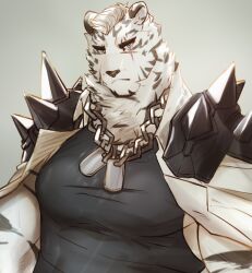 Rule 34 | 1boy, animal ears, arknights, bara, black tank top, blue eyes, chain necklace, dog tags, facial hair, frown, furry, furry male, goatee, jacket, jacket on shoulders, jewelry, large pectorals, looking at viewer, male focus, mature male, mountain (arknights), muscular, muscular male, necklace, pectorals, scar, scar across eye, short hair, shoulder spikes, solo, spikes, susabi (susabi 3b), tank top, thick eyebrows, tiger boy, tiger ears, upper body, white hair