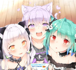 Rule 34 | 3girls, :d, absurdres, animal ears, blush, cat ears, cat girl, commentary request, gothic lolita, heart, highres, hololive, lolita fashion, looking at viewer, multiple girls, murasaki shion, murasaki shion (gothic lolita), nekomata okayu, nekomata okayu (1st costume), open mouth, pepushi drow, pov, pov hands, smile, striped, translation request, uruha rushia, uruha rushia (3rd costume), vertical stripes, virtual youtuber