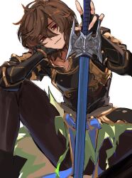Rule 34 | 1boy, ahoge, arm on knee, armor, belt, blue belt, breastplate, brown hair, cape, cropped legs, empty eyes, evil smile, granblue fantasy, green cape, hair between eyes, hand on own cheek, hand on own face, holding, holding sword, holding weapon, knee up, light smile, looking at viewer, male focus, messy hair, official alternate costume, pants, partially shaded face, red eyes, sandalphon (granblue fantasy), short hair, sitting, smile, solo focus, sword, tight clothes, tight pants, wahoosandalphon, weapon, white background