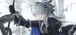 Rule 34 | 1girl, animal ear fluff, animal ears, arknights, black coat, black gloves, blood, blood on face, blue eyes, closed mouth, coat, dual wielding, fire, gloves, grey hair, hair ornament, hairclip, highres, holding, holding sword, holding weapon, lappland (arknights), lappland (refined horrormare) (arknights), long hair, long sleeves, looking at viewer, official alternate costume, open clothes, open coat, purple fire, sankichi (croquette crab), scar, scar across eye, scar on face, smile, solo, statue, sword, upper body, very long hair, weapon, wolf ears