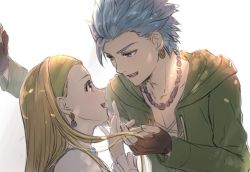 Rule 34 | 1boy, 1girl, blonde hair, blue eyes, blue hair, brown gloves, camus (dq11), collarbone, commentary request, couple, dragon quest, dragon quest xi, earrings, eye contact, fingerless gloves, from side, gloves, green jacket, hairband, height difference, hetero, hood, hood down, hooded jacket, jacket, jewelry, long hair, long sleeves, looking at another, mondi hl, necklace, open mouth, profile, senya (dq11)white background, short hair, simple background, smile, teeth, upper body, upper teeth only, white background