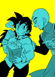 Rule 34 | 2boys, :d, :o, bad id, bad pixiv id, bag, bald, black eyes, black hair, black pants, blue theme, chinese clothes, dragon ball, dragonball z, dumpling, food, hand on another&#039;s shoulder, highres, index finger raised, long hair, long sleeves, looking at another, male focus, multiple boys, open mouth, pants, profile, scar, shirt, simple background, smile, tenshinhan, tetsuyo, upper body, white shirt, yamcha, yellow background, yellow theme