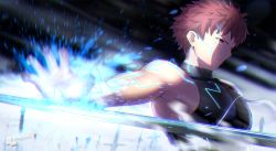 Rule 34 | 1boy, armor, armpits, artist name, breastplate, brown eyes, electricity, emiya shirou, energy, fate/stay night, fate (series), magic, magicians (zhkahogigzkh), male focus, orange hair, outstretched arm, planted sword, planted, ribbon, serious, solo, sparks, sword, upper body, weapon, white ribbon