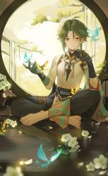 Rule 34 | 1boy, absurdres, arm tattoo, barefoot, bead necklace, beads, black hair, blue hair, bug, butterfly, butterfly on hand, closed mouth, facial mark, flower, forehead mark, genshin impact, gloves, gradient hair, highres, insect, jewelry, kotatsu kaya, looking at viewer, makeup, male focus, multicolored hair, necklace, petals, sitting, solo, tassel, tattoo, white flower, xiao (genshin impact), yellow eyes