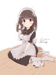 Rule 34 | 1girl, absurdres, apron, black eyes, black hair, blush, breasts, closed mouth, frills, highres, holding, holding own hair, long hair, looking at viewer, maid, maid apron, maid headdress, medium breasts, multicolored eyes, original, ouba itsuki, purple eyes, robotic vacuum cleaner, signature, sitting, solo, sweatdrop, thighhighs, wariza