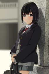 Rule 34 | 1girl, bag, black eyes, black hair, black jacket, blazer, blurry, blurry background, blush, bow, cardigan, closed mouth, collared shirt, commentary request, depth of field, grey cardigan, grey skirt, highres, holding, holding bag, jacket, long sleeves, looking at viewer, matsunaga kouyou, original, outdoors, pleated skirt, red bow, school bag, shadow, shirt, short hair, skirt, sleeves past wrists, solo, white shirt
