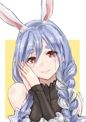 Rule 34 | 1girl, animal ear fluff, animal ears, black bodysuit, blue hair, bodysuit, braid, braided ponytail, commentary, detached sleeves, hair over shoulder, highres, hololive, jun (rellik &amp; redrum), looking at viewer, mature female, orange eyes, own hands together, pekomama, rabbit ears, rabbit girl, short eyebrows, smile, solo, twintails, virtual youtuber, white background, white hair, white sleeves