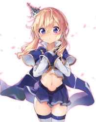 Rule 34 | 1girl, azur lane, blonde hair, blue capelet, blue skirt, blush, capelet, closed mouth, commentary request, gloves, hair between eyes, hands on own chest, kedama milk, long hair, long sleeves, looking at viewer, midriff, navel, purple eyes, renown (azur lane), simple background, skirt, solo, standing, tears, thighhighs, white background, white gloves, wind