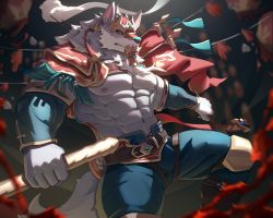 Rule 34 | 1boy, abs, animal ears, bara, bare pectorals, beard, bulge, detached sleeves, facial hair, fighting stance, furry, furry male, grey fur, highres, large pectorals, law (sdorica), leg strap, long beard, looking at viewer, male focus, mature male, muscular, muscular male, navel, nipples, pectorals, sdorica, solo, stomach, thick thighs, thigh strap, thighs, uiokv, underpec, wolf boy, wolf ears