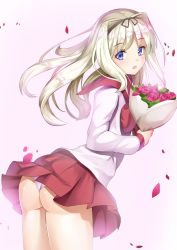 Rule 34 | 1girl, :o, ass, blonde hair, bouquet, flower, hair ribbon, highres, kusugawa sasara, panties, petals, pink background, pink panties, pleated skirt, purple eyes, red skirt, ribbon, rose, rose petals, school uniform, simple background, skirt, solo, thighs, to heart (series), to heart 2, totto, underwear, wind