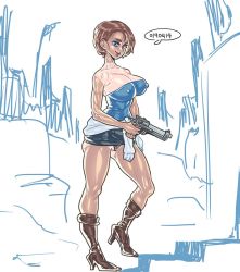 Rule 34 | 1girl, ass, boots, breasts, capcom, clitoris, covered erect nipples, female focus, full body, high heels, jill valentine, large breasts, lipstick, makeup, mungsaman, panties, resident evil, skirt, solo, standing, tan, tanline, underwear, white background