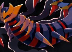 Rule 34 | black background, commentary request, creatures (company), from side, game freak, gen 4 pokemon, giratina, giratina (origin), highres, legendary pokemon, looking at viewer, looking to the side, mo~zu, nintendo, no humans, orange eyes, pokemon, pokemon (creature), simple background, solo, spikes