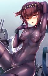 Rule 34 | 10s, 1girl, :o, anchor symbol, arm up, armpits, black gloves, blush, bodysuit, breasts, brown hair, choker, chou-10cm-hou-chan, covered erect nipples, covered navel, crotch zipper, eyebrows, flying sweatdrops, gloves, hairband, hatsuzuki (kancolle), heart, heart-shaped lock, highres, kantai collection, looking at viewer, orange eyes, purple bodysuit, silly (marinkomoe), sitting, small breasts, solo, tears, zipper
