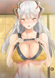 Rule 34 | 1girl, absurdres, arknights, artist name, bare arms, bare shoulders, blush, bra, breasts, commentary, highres, horns, indoors, large breasts, lifting own clothes, long hair, looking at viewer, navel, nose blush, open mouth, orange bra, orange eyes, saria (arknights), signature, silver hair, solo, stomach, tacticsalt, underwear, upper body