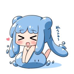 Rule 34 | &gt; &lt;, 1girl, :d, blue hair, blush, chibi, closed eyes, closed mouth, collarbone, colored shadow, double bun, facing viewer, hair bun, half slime-chan, hana kazari, heart, long hair, monster girl, nude, open mouth, original, shadow, sidelocks, slime (substance), slime girl, smile, solo, translation request, very long hair, white background, xd, | |