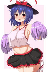Rule 34 | 1girl, :d, adapted costume, black hat, black skirt, blue hair, bow, breasts, cheerleader, commentary request, crop top, crop top overhang, groin, guard vent jun, hat, hat bow, highres, holding, holding pom poms, large breasts, looking at viewer, nagae iku, navel, open mouth, pink background, pom pom (cheerleading), pom poms, red bow, red eyes, shirt, short hair, sideboob, simple background, skirt, smile, solo, touhou, white background, white footwear, white shirt