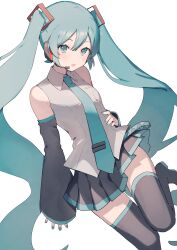 Rule 34 | 1girl, absurdres, aqua eyes, aqua hair, aqua nails, aqua necktie, bare shoulders, black skirt, black sleeves, boots, breasts, collared shirt, commentary, cowboy shot, detached sleeves, grey shirt, hair between eyes, hatsune miku, headset, highres, light blush, long hair, looking at viewer, miniskirt, necktie, number tattoo, open mouth, pleated skirt, shiratakiseaice, shirt, shoulder tattoo, skirt, sleeveless, sleeveless shirt, small breasts, solo, tattoo, thigh boots, thighhighs, twintails, very long hair, vocaloid, white background, wide sleeves, zettai ryouiki