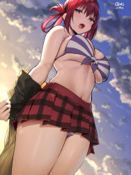 Rule 34 | 1girl, artist name, bare shoulders, bikini, bikini top only, breasts, checkered clothes, checkered skirt, cleavage, cloud, cloudy sky, commentary request, fang, folded hair, from below, front-tie top, gabriel dropout, hair between eyes, hair rings, highres, large breasts, looking at viewer, miniskirt, navel, oekakizuki, open mouth, panties, purple eyes, red hair, red skirt, satanichia kurumizawa mcdowell, sidelocks, skirt, sky, solo, stomach, striped bikini, striped clothes, striped panties, sweat, swimsuit, thighs, underboob, underwear, unworn shirt