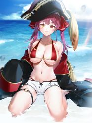 Rule 34 | 1girl, bare legs, bare shoulders, barefoot, bikini, bikini under clothes, black coat, black hat, breasts, closed mouth, coat, commentary, day, earrings, hair ribbon, hat, heart, heart earrings, heart necklace, heterochromia, highleg, highleg bikini, hololive, houshou marine, houshou marine (summer), jewelry, large breasts, long hair, long sleeves, looking at viewer, mannermana, navel, necklace, ocean, off shoulder, open clothes, open coat, outdoors, pirate hat, red bikini, red eyes, red hair, red ribbon, ribbon, short shorts, shorts, sitting, sleeves past fingers, sleeves past wrists, smile, solo, stomach, swimsuit, twintails, virtual youtuber, wariza, water, white shorts, yellow eyes