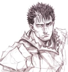 Rule 34 | 1boy, armor, berserk, commentary request, expressionless, greyscale, guts (berserk), iwamoto tatsurou, male focus, monochrome, multicolored hair, one eye closed, scar, scar on face, simple background, sketch, solo, spiked hair, two-tone hair, upper body