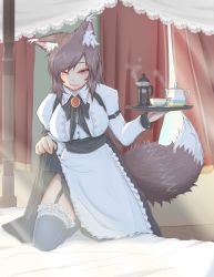 Rule 34 | 1girl, alternate costume, animal ears, apron, bed, black thighhighs, blush, breasts, brown hair, coffee pot, cube85, cup, curtains, english text, garter straps, highres, imaizumi kagerou, large breasts, light rays, long hair, looking at viewer, red eyes, smile, solo, sunbeam, sunlight, teacup, teapot, thighhighs, touhou, tray, underbust, wolf ears