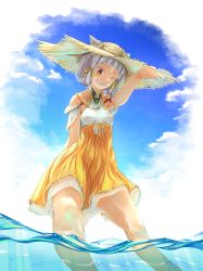Rule 34 | 1girl, ;), absurdres, animal ears, blunt bangs, breasts, cat ears, cloud, cloudy sky, day, ears through headwear, facial mark, feet out of frame, grin, hat, high-waist skirt, highres, nia (xenoblade), one eye closed, onigiri (artist), outdoors, partially submerged, partially underwater shot, short hair, silver hair, skirt, sky, small breasts, smile, solo, spoilers, straw hat, sun hat, teeth, underwater, xenoblade chronicles (series), xenoblade chronicles 2, yellow eyes, yellow skirt