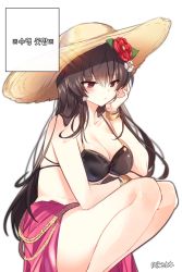 Rule 34 | 1girl, bare shoulders, bikini, black bikini, black hair, blush, bracelet, breasts, cleavage, closed mouth, earrings, flower, flower earrings, hair flower, hair ornament, hat, highres, iris yuma, jewelry, large breasts, long hair, maett, multi-strapped bikini, pink sarong, red eyes, red flower, sarong, solo, soulworker, squatting, sun hat, swimsuit, thighs, white flower