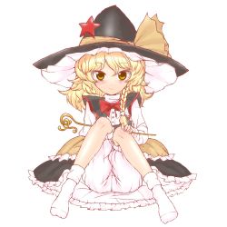 Rule 34 | 1girl, black background, blonde hair, bloomers, blush, bow, bowtie, braid, hand on own knee, hat, highres, kirisame marisa, looking at viewer, md5 mismatch, serin, simple background, skirt, smile, socks, staff, star (symbol), touhou, transparent background, underwear, witch hat, yellow eyes