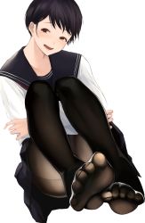 Rule 34 | 1girl, absurdres, akito (d30n26), black eyes, black hair, black pantyhose, blush, commentary request, feet, foot focus, highres, hugging own legs, light blush, looking at viewer, mole, mole under eye, no shoes, open mouth, original, pantyhose, school uniform, serafuku, short hair, simple background, sitting, skirt, smile, soles, solo, toes, white background