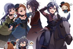 3girls :d arm_up black_choker black_eyes black_gloves black_hair black_hat black_pants blue_dress breasts brown_hair character_request choker cleavage closed_eyes closed_mouth collarbone doughnut_(smmp4848) dress gloves green_dress hair_between_eyes hat highres horseback_riding idolmaster idolmaster_million_live! kikuchi_makoto long_hair long_sleeves minase_iori mini_hat multiple_girls necktie open_mouth outstretched_arms pants red_dress red_eyes riding short_hair small_breasts smile underbust