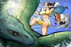 Rule 34 | 1girl, abs, animal, animal ears, animal print, armpits, basket, between breasts, bikini, bikini top only, black eyes, black hair, blue background, breasts, chain, commentary, cow ears, cow print, cow tail, dunkleosteus, english commentary, fish, following, frilled bikini, frilled bikini top, frilled shorts, frills, green eyes, gun sling, hand on own head, haori, holding, horns, hygnir, japanese clothes, large breasts, midriff, multicolored hair, navel, oni horns, open mouth, plesiosaur, prehistoric animal, red eyes, red horns, red tail, riding, shorts, silver hair, smile, solo, speed lines, sun, sunlight, swimming, swimsuit, tail, toned, touhou, two-tone hair, ushizaki urumi, yellow bikini, yellow shorts