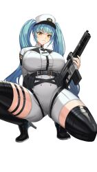 Rule 34 | 1girl, assault rifle, black footwear, blue hair, boots, breasts, closed mouth, commentary, dorp, drill hair, frown, full body, goddess of victory: nikke, gun, hair between eyes, hat, high heel boots, high heels, highres, holding, holding gun, holding weapon, large breasts, long hair, long sleeves, looking at viewer, military, military hat, military uniform, peaked cap, privaty (nikke), rifle, shorts, sidelocks, simple background, skindentation, solo, squatting, taut clothes, thigh boots, thigh strap, thighhighs, twintails, uniform, very long hair, weapon, white background, white hat, white shorts, white uniform, yellow eyes