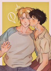 Rule 34 | !, 2boys, absurdres, ash lynx, banana fish, bfismylife0812, blonde hair, blush, brown eyes, brown hair, closed eyes, closed mouth, couple, denim, green eyes, highres, jeans, kiss, kissing cheek, male focus, multiple boys, okumura eiji, pants, profile, shirt, short hair, simple background, sitting, speech bubble, surprise kiss, surprised, two-tone shirt, upper body, yaoi, yellow background, yellow shirt