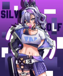 Rule 34 | 1girl, belt, black jacket, black shorts, black tank top, blowing bubbles, character name, choker, commentary, cowboy shot, crop top, drop shadow, eyewear on head, fur-trimmed jacket, fur trim, grey eyes, grey hair, grey ribbon, hair ribbon, head tilt, highres, honkai: star rail, honkai (series), jacket, jimi paradise, long hair, long sleeves, looking at viewer, midriff, navel, off shoulder, open clothes, open fly, open jacket, ponytail, purple background, ribbon, shirt, short shorts, short sleeves, shorts, silver wolf (honkai: star rail), single-shoulder shirt, single sleeve, solo, standing, stomach, sunglasses, tank top, thigh strap, thighs, white belt