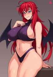 Rule 34 | 1girl, absurdres, ahoge, arm support, artist name, bikini, blue eyes, breasts, cameltoe, come hither, covered collarbone, covered erect nipples, demon girl, demon wings, fang, fingernails, hair between eyes, half-closed eyes, high school dxd, highres, huge breasts, jmg, looking at viewer, navel, purple bikini, raised eyebrows, red hair, rias gremory, sideboob, signature, sitting, skin tight, smile, solo, stomach, swimsuit, thick thighs, thighs, wings
