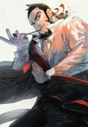 Rule 34 | 10s, 1boy, beard, black hair, black pants, blue eyes, chest hair, cowboy shot, eyebrows, facial hair, golden kamuy, grey background, highres, japanese clothes, kimono, kiroranke, looking at viewer, male focus, off shoulder, oku (2964 okn), pants, smoking pipe, popped collar, sideburns, simple background, smile