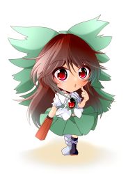 Rule 34 | &lt;o&gt; &lt;o&gt;, 1girl, arm at side, arm cannon, arm up, asymmetrical footwear, black footwear, boots, bow, brown hair, chibi, commentary request, finger to cheek, green skirt, grey footwear, hair bow, highres, knee boots, long hair, looking at viewer, mismatched footwear, muumuu (sirufuruteienn), no wings, one-hour drawing challenge, open mouth, pleated skirt, puffy short sleeves, puffy sleeves, red eyes, reiuji utsuho, shadow, shirt, short sleeves, simple background, skirt, solo, touhou, very long hair, weapon, white background, white shirt